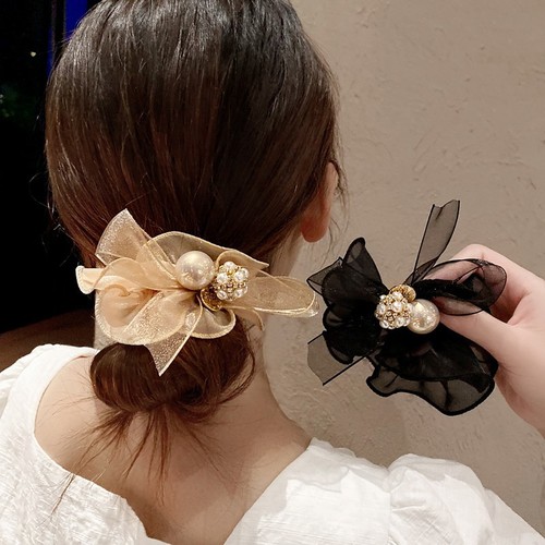 Korean online celebrity new style hair flower bow high-end hair tie for women temperament organdy large intestine hair tie to tie hair elastic