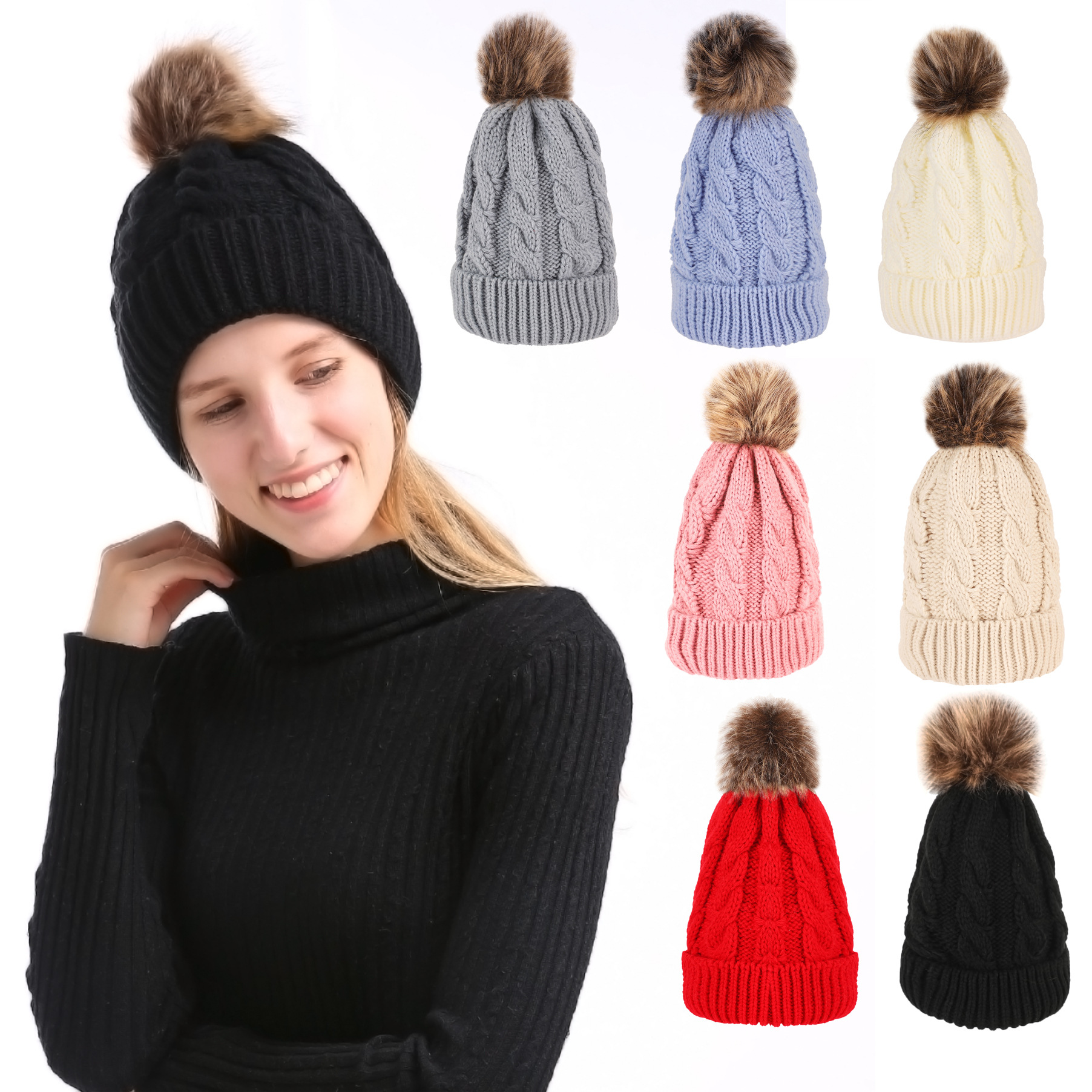 Bola de punto con giros de masa frita, gorro cálido de lana de punto sin cornisa, gorro de traje para padres e hijos adultos_voghion.com