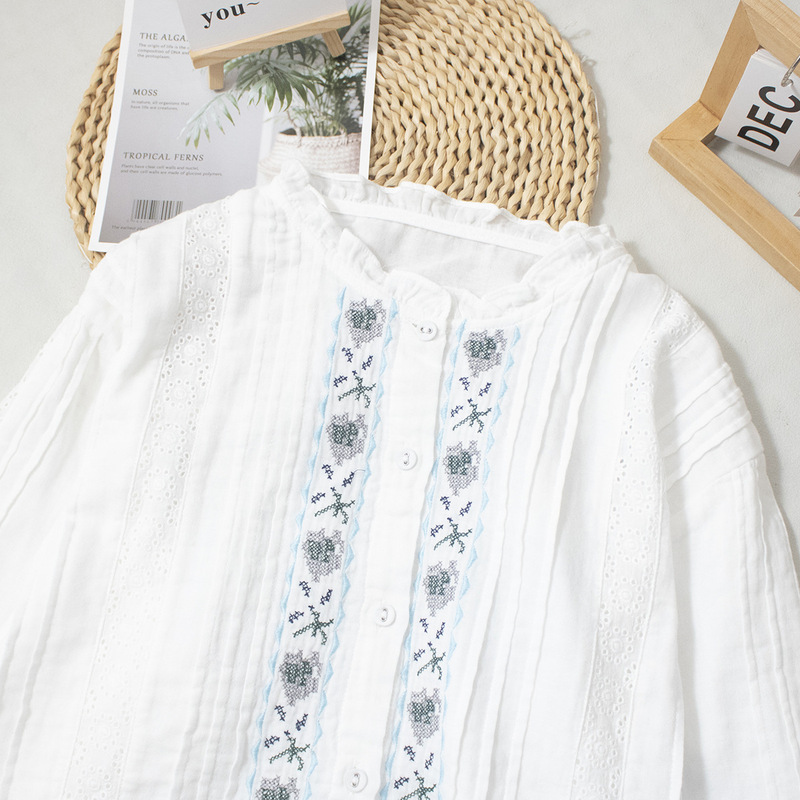 Autumn Loose Artistic Long-Sleeve Shirt for Women, Cotton Yarn Cross Embroidery Heavy Lace Collar Blouse Top Base Shirt