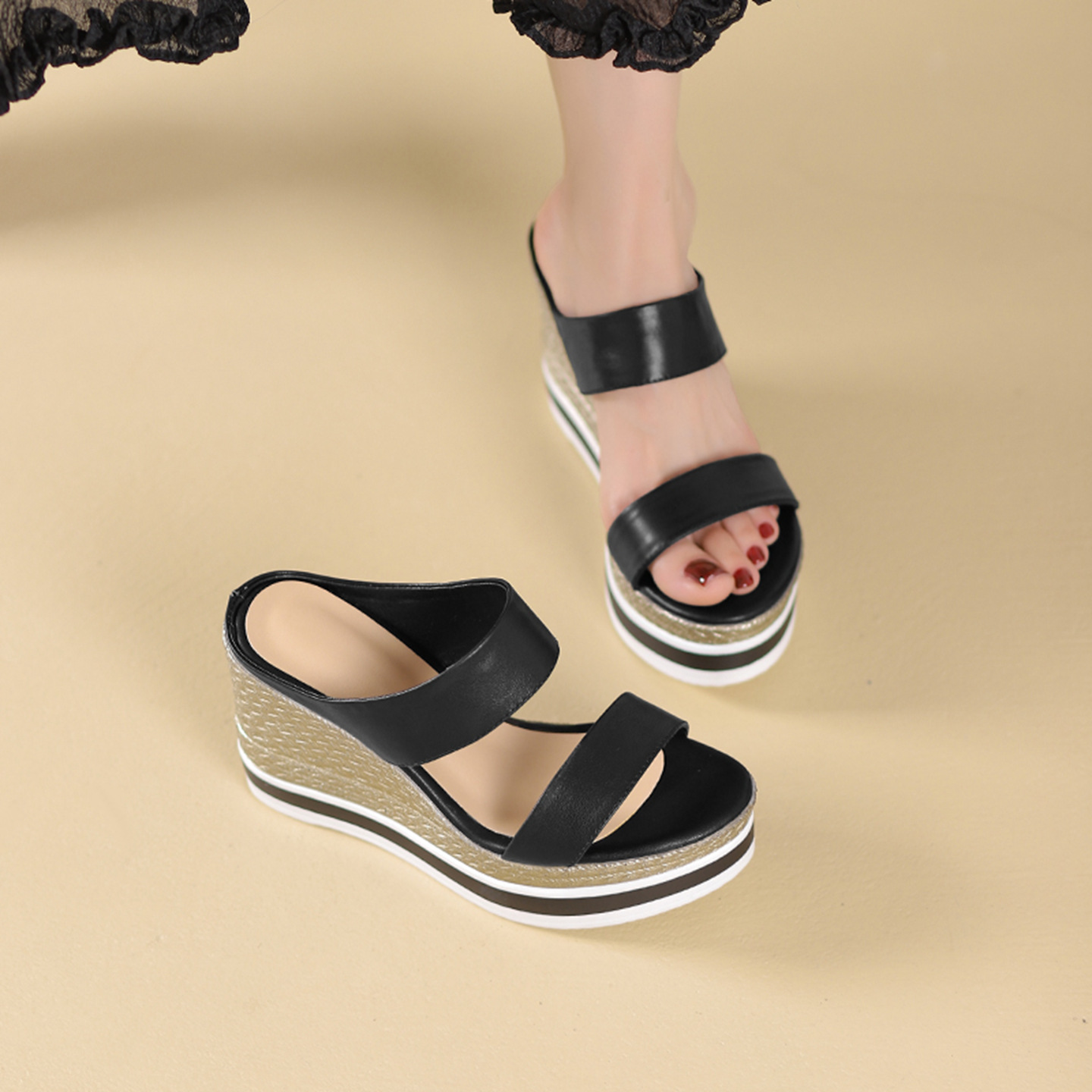 Sandal cao gót nữ đế xuồng 10 cm, hở mũi, phong cách mùa hè — đen