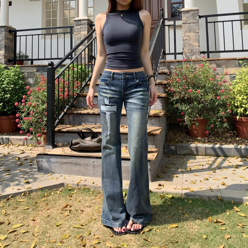 American Retro Design Double-Pocket Cross-Shaped Denim Jeans for Women, Slim Fit, Ripped Flared Pants