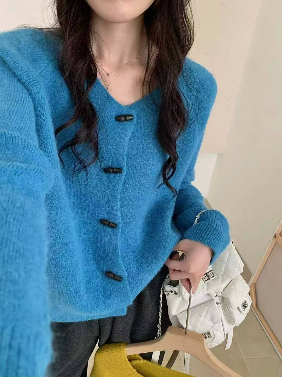 兔绒牛角扣毛衫 韩系宽松减龄温柔风针织开衫插肩袖纯色毛衣外套