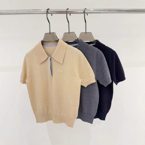 25 Early Spring New Nanyou High Edition M Letter Jacquard Lapel Fake Two-piece Casual Simple All-match Knitted Short-sleeved Women