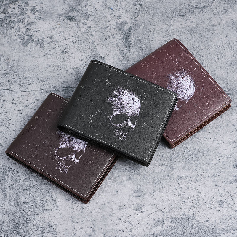 Cartera de cráneo de murciélago transfronterizo, cartera corta, cráneo retrógrado impresión, bolso de cambio de dos veces para hombres y mujeres