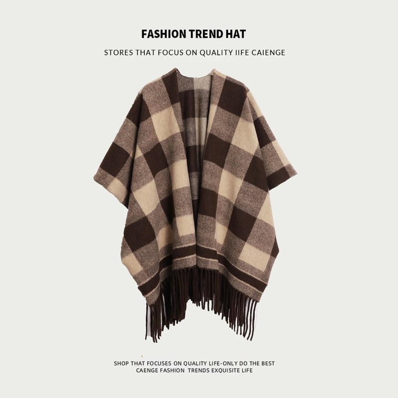 Cashmere Plaid Shawl Women's Autumn and Winter Oversized Thickened Cape Coat Travel Air-conditioned Room Split Cape Blanket