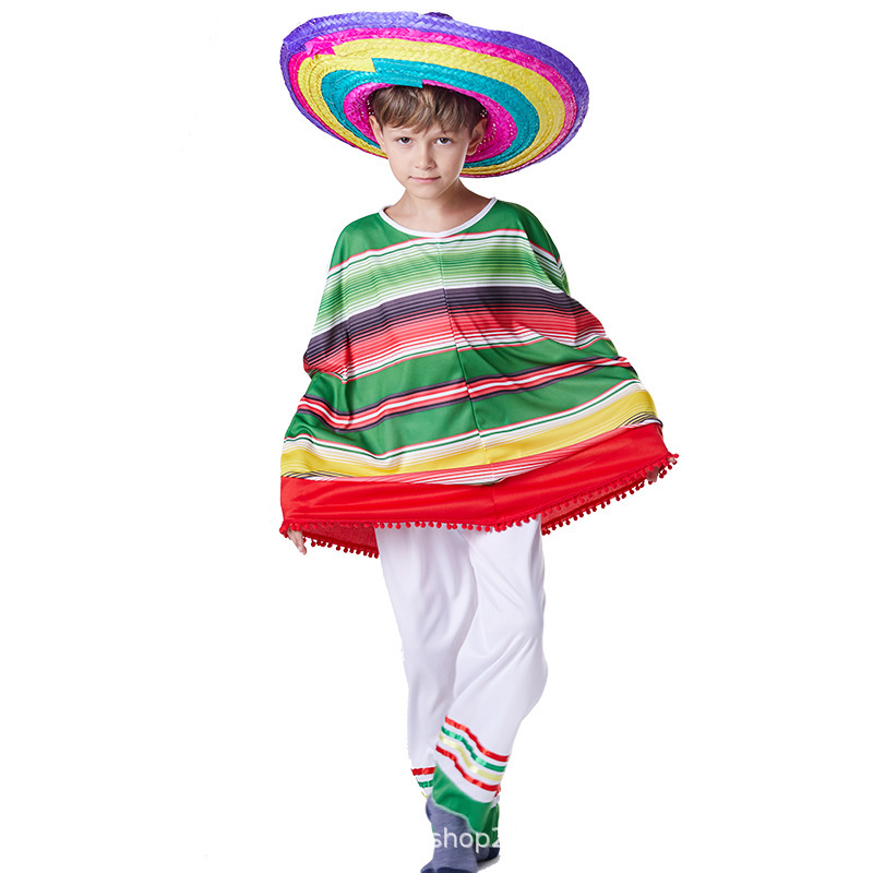 Halloween Mexican Ethnic Style Cosplay Costume Cloak Straw Hat Kidsren's Performance Clothes Including Hat