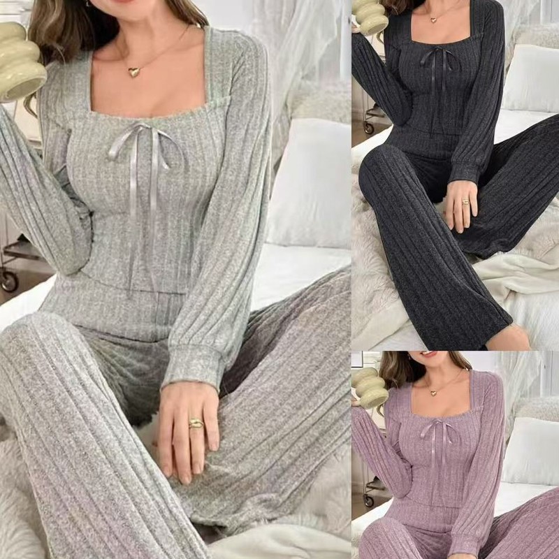 European and American Cross-Border Amazon Hot-Selling Style Autumn and Winter Double Long Pajamas Set U-Neck Brushed Pit Strips Comfortable Home Clothes