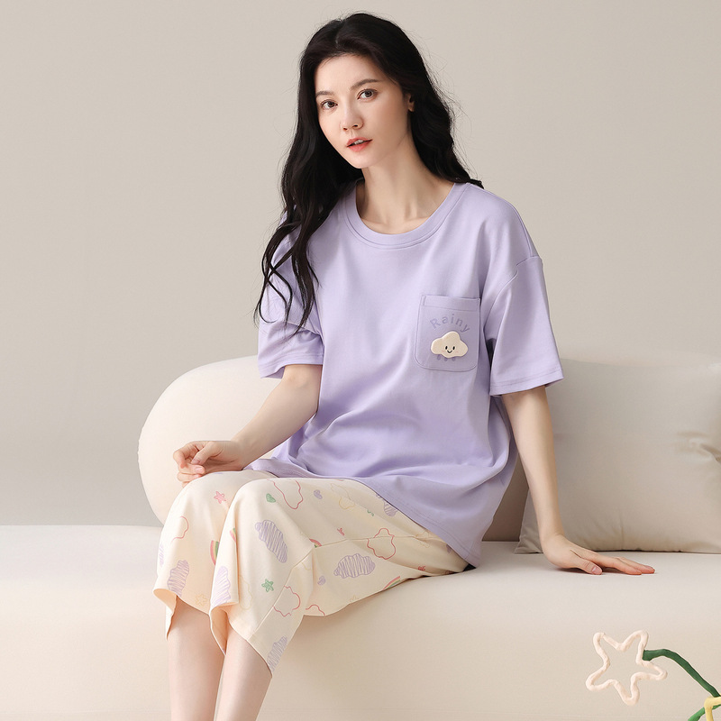 Women's Summer Pajamas, Cotton Stretch Fabric with Chest Pads, Short Sleeves, 7/8 Length Pants, Comfortable, Breathable, Skin-Friendly, Women's Loungewear Set