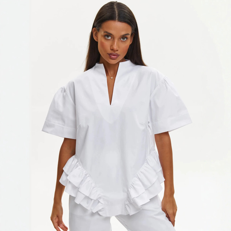 2026 Summer V-neck Women's Ruffle T-shirt, Stylish Loose Casual Top 2026 Summer V-neck Women's Ruffle T-shirt, Stylish Loose Casual Top