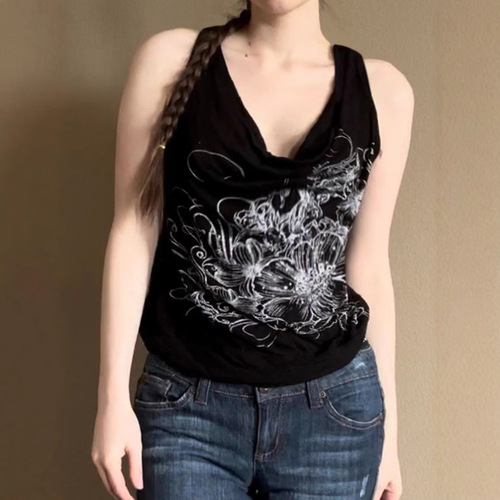 2025 European and American Women's Retro Print Swing Collar Backless Top with Two-Way Design, One-Shoulder Sleeveless Slimming Stylish Top