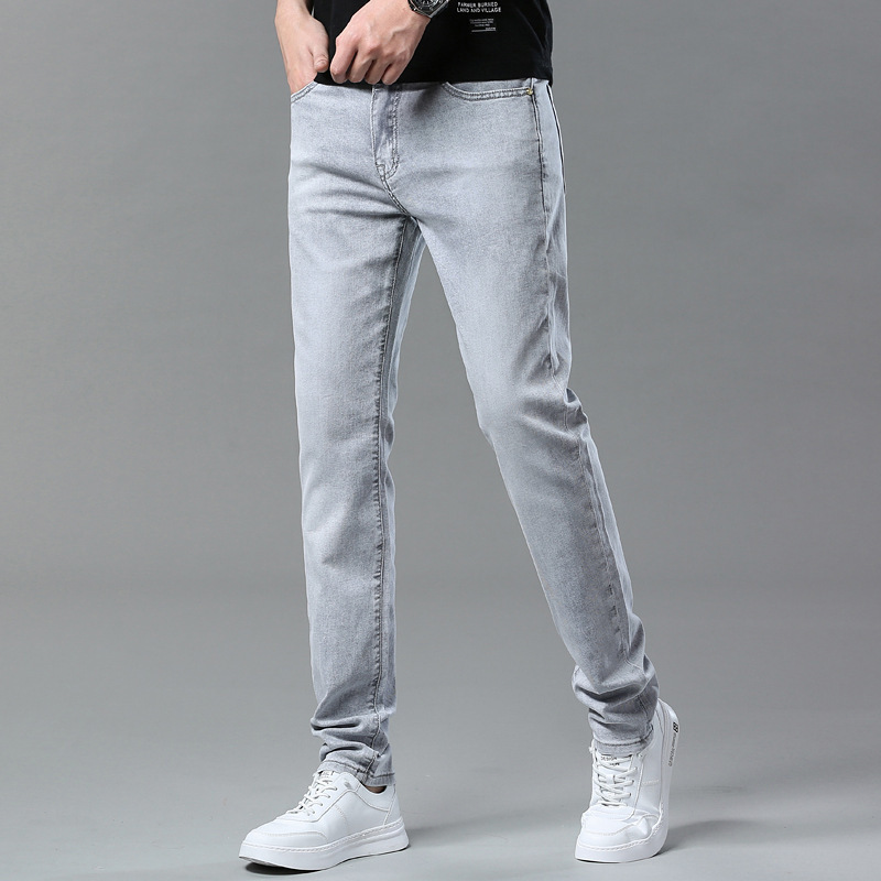 Men's Embroidered Jeans Slim Fit Stretch Denim Trousers, Smoke Grey Vintage Straight Leg Pants For Spring_viptrois.com