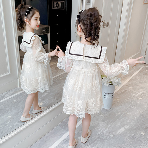 Korean Girls' Spring Dress 2024 Korean Version Children's Lace Embroidery Baby Long Sleeve Princess Dress European and American Children's Dress