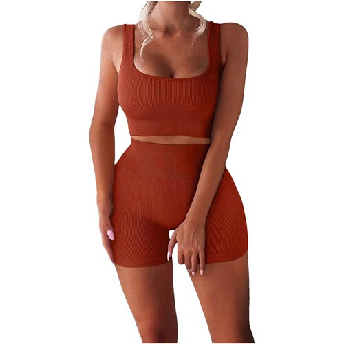 Ladies Sexy U-Neck Backless Top Two-Piece Set Ribbed Backless Top High-Waisted Shorts Yoga Wear