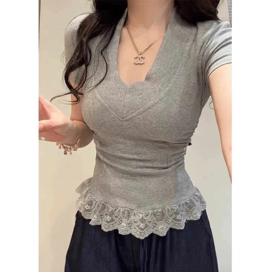 Женская футболка больших размеров в стиле чистой страсти с v-образным вырезом и кружевом, плиссированная футболка с короткими рукавами, летняя рубашка для похудения талии, топ