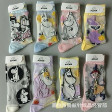 日系Moomin姆明亚美玻璃丝袜子女中筒水晶丝不对称夏季薄款卡通袜