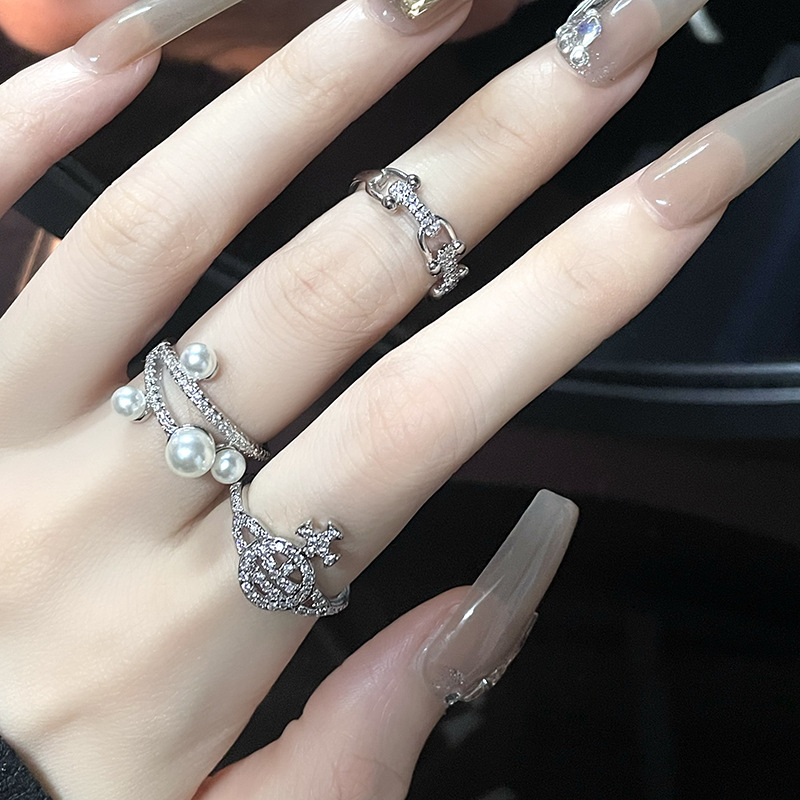 Fashion Geometric Copper Inlay Artificial Pearls Rhinestones Open Ring 1 Piece