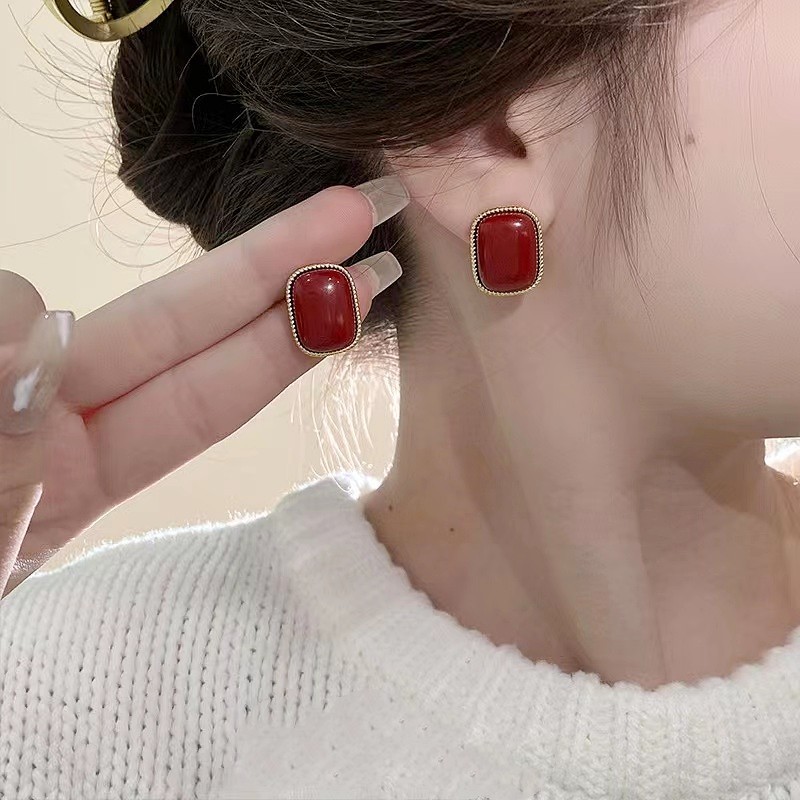 韩国东大门代购同款复古耳环矩形几何树脂金边仿宝石时尚百搭耳饰