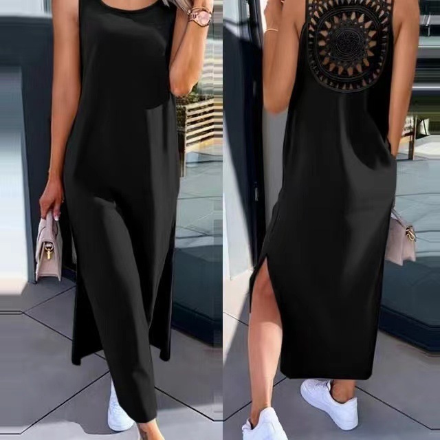 ヨーロッパとアメリカンスタイルの対外貿易婦人服レース中空サスペンダードレスノースリーブスリットベストスカート膝上ミドル丈スカート夏|undefined