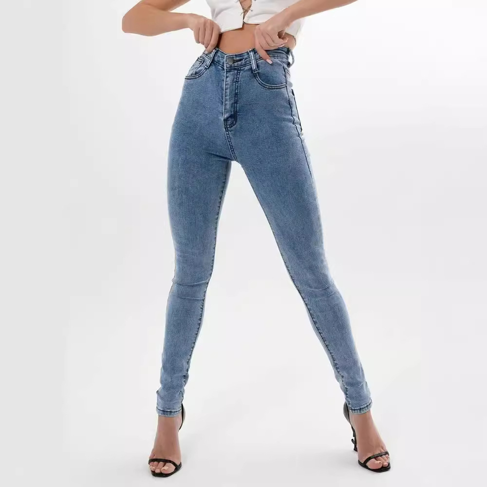 ladies jeans外贸高腰紧身小脚裤显瘦蓝色通勤弹力牛仔裤女士春款