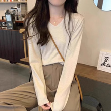 春秋冬季2025新款韩版长袖V领套头内搭打底针织衫女宽松毛衣上衣