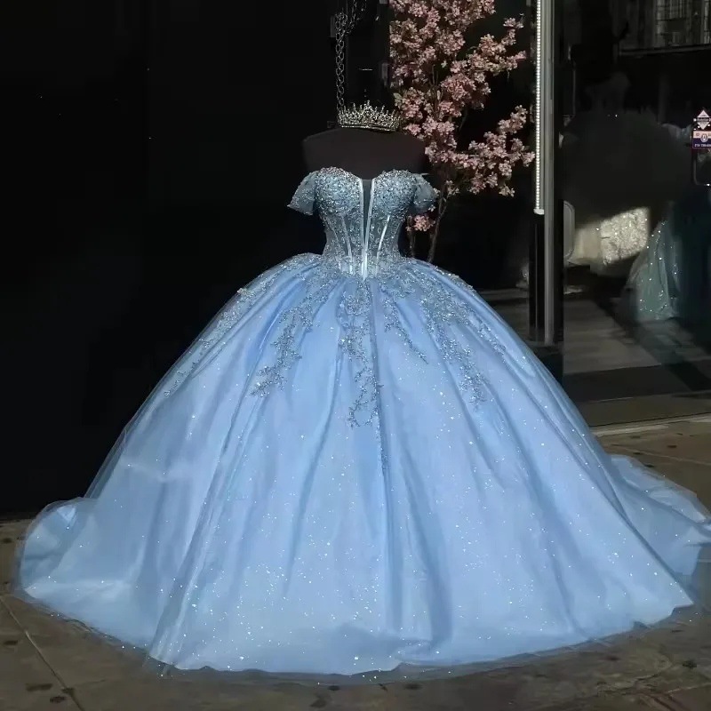 Dress New One-Shoulder Light Blue Sparkling Diamond Fluffy Evening Dress Annual Party Solo Art Exam Ball Bridal Wedding Dress