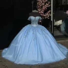 dress新款一字肩浅蓝色闪钻蓬蓬晚礼服年会独唱艺考舞会新娘婚纱