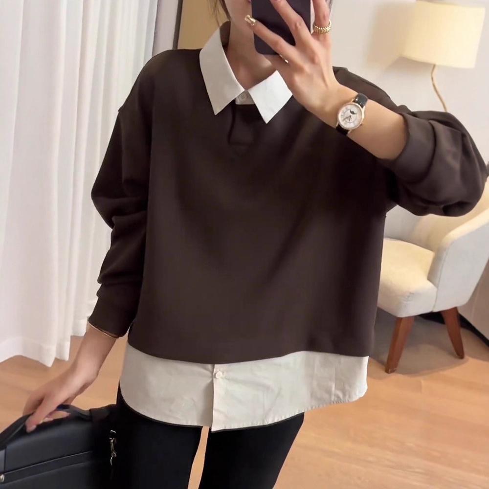 Fake Two-Piece Sweatshirt for Women 2025 Spring and Autum New Popular Design Niche Loose Slimming Look Large Size Shirt Top