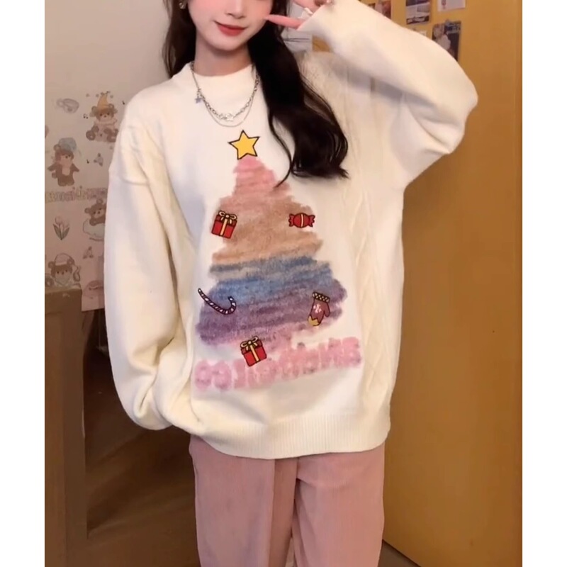 Special Offer # Sheep Velvet # American Retro Christmas Tree Knitwear Women's New Winter Loose Lazy Style Pullover Knitwear