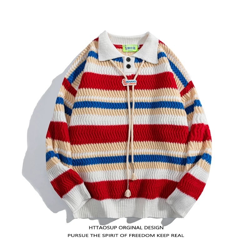 Rainbow Stripesd Polo Collar Knitwear for Men and Women, Preppy Style Casual Loose Oversize Couple Knitwear Rainbow Stripesd Polo Collar Knitwear for Men and Women, Preppy Style Casual Loose Oversize Couple Knitwear