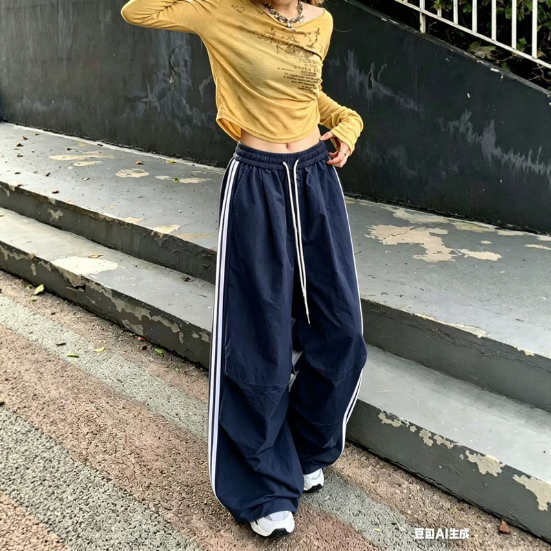 Korean Style Casual Jogger Pants for Women, Summer Drawstring Straight High-Waisted Loose Drape Striped Quick-Dry Sports Long Pants Korean Style Casual Jogger Pants for Women, Summer Drawstring Straight High-Waisted Loose Drape Striped Quick-Dry Sports Long Pants