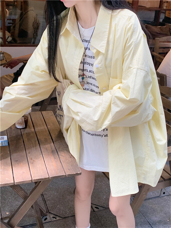 レイジースタイルストライプポロカラーシャツジャケット女性の夏の日焼け止めシャツルーズカジュアルカーディガンミッドレングストップ|undefined