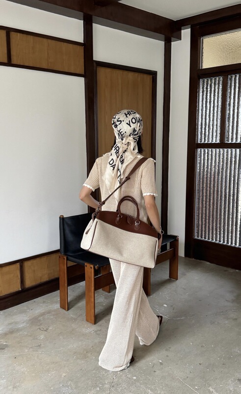 大容量波士顿手提包新款牛皮拼接帆布托特包法式休闲旅行保龄球包|undefined