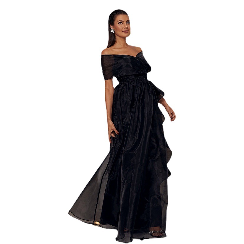 Comercio exterior transfronterizo europeo y americano adulto negro fuera del cuello de corte bajo costura de malla princesa temperamento vestido de noche de alta gama para mujeres