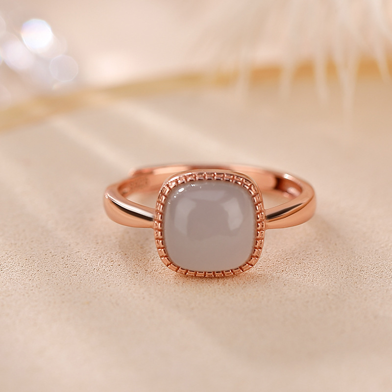 Nhẫn bạc S925 mạ vàng hồng đính ngọc bích tím hình vuông thời trang — Kiểu mạ bạch kim