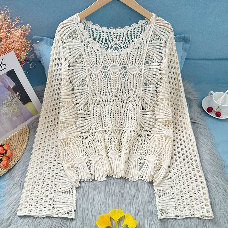 Knitted Sweater for Women, Summer Crochet Hollow-Out Outerwear, Round Neck Vacation Style Top, Petite Sun-Protective Thin Air-Conditioning Shirt, Cover-Up Knitted Sweater for Women, Summer Crochet Hollow-Out Outerwear, Round Neck Vacation Style Top, Petite Sun-Protective Thin Air-Conditioning Shirt, Cover-Up