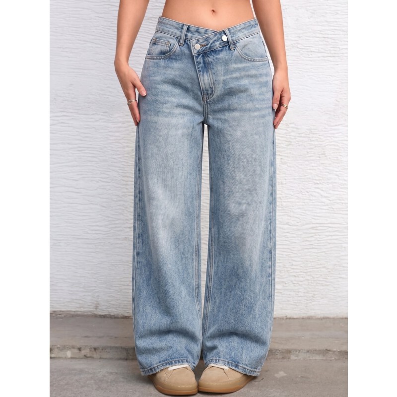 Cross-Border Women's Cross-Waist Wide-Leg Jeans American Retro Washed High-Waist Straight-Leg Pants Export Tiktok