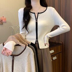 双拉链设计感撞色针织开衫女2025秋装新款内搭修身显瘦毛衣A6501