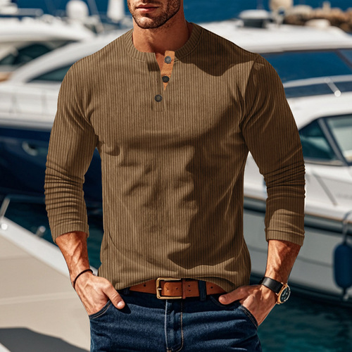 Autumn/Winter New Long-Sleeve T-Shirt Base Shirt with Four Button Corduroy Fitted Men's Henry Shirt