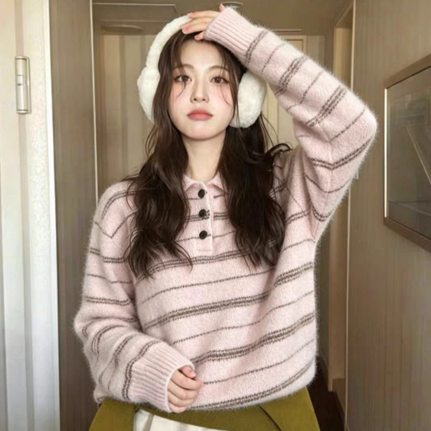 빈티지 폴로 넥 스트라이프 니트 스웨터 여자 가을 겨울 낙견 헐렁헐렁 박