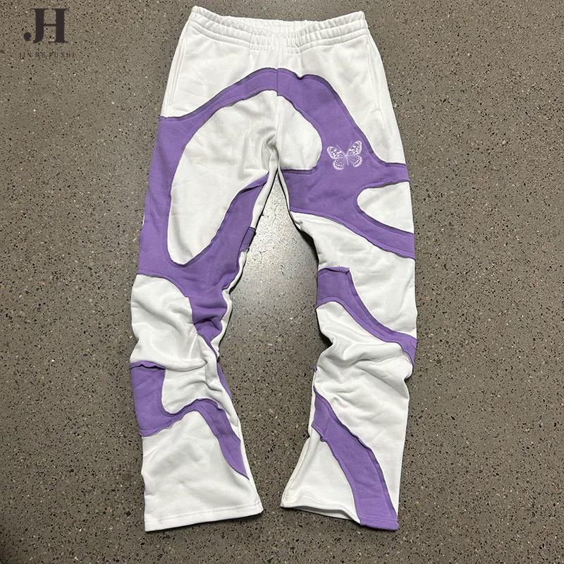 Men's Stacked Pants Streetwear Joggers 3D Applique Distressed Embroidery Patch Retro Personality Cotton Flare Casual Sweatpants