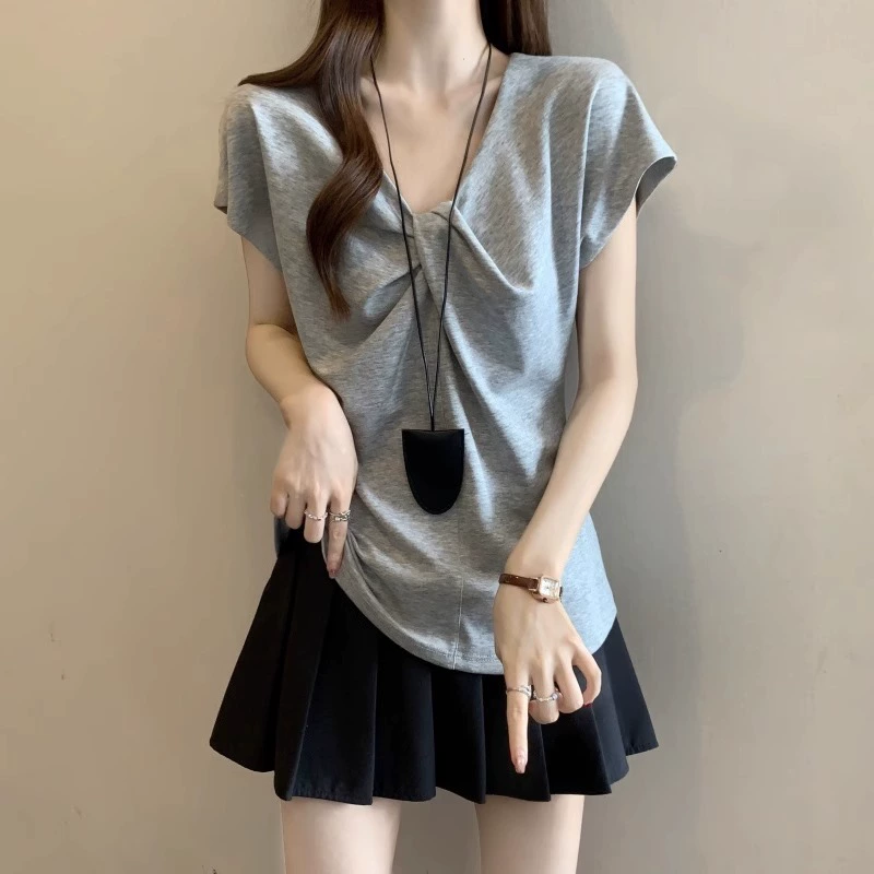 Женская одежда больших размеров закрывает живот, витая футболка с короткими рукавами в ленивом стиле, лето 2025, толстый мм, утягивающий талию, серый топ
