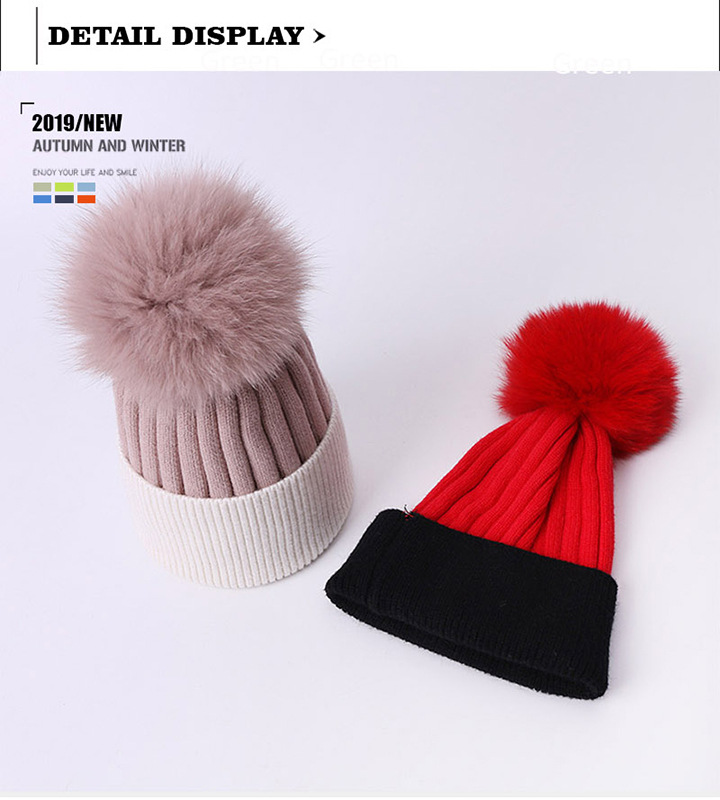 Chapeau chaud d'automne et d'hiver en forme de boule de renard, couleur unie, tricoté, pour adultes et enfants, mode parent-enfant_voghion.com