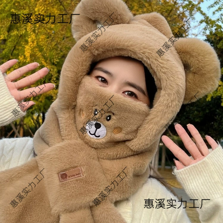 2024 новая шапка шарф все в одном плюшевая шляпа женская зимняя езда ветрозащитная шляпа пуловер японский мультфильм