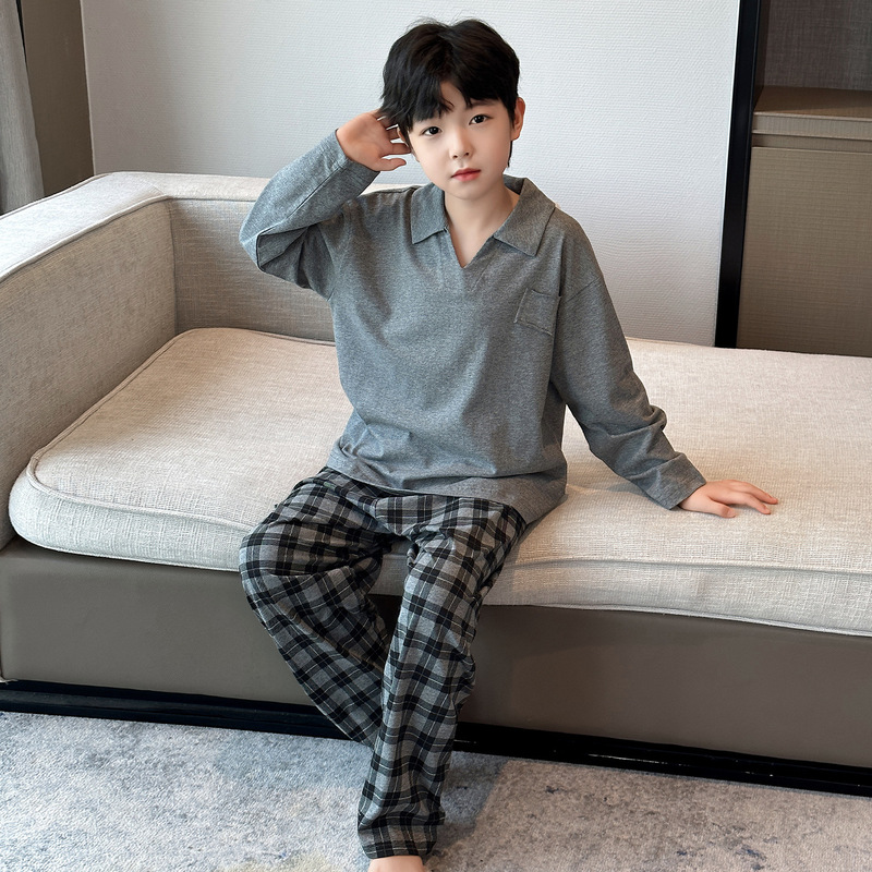 2025年新款睡衣男童春秋款翻领长袖格子长裤纯棉慵懒高级感家居服|undefined