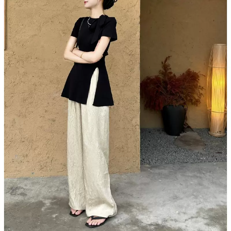 黑色正肩蝴蝶结针织开叉上衣夏季薄款慵懒风压褶休闲阔腿裤两件套