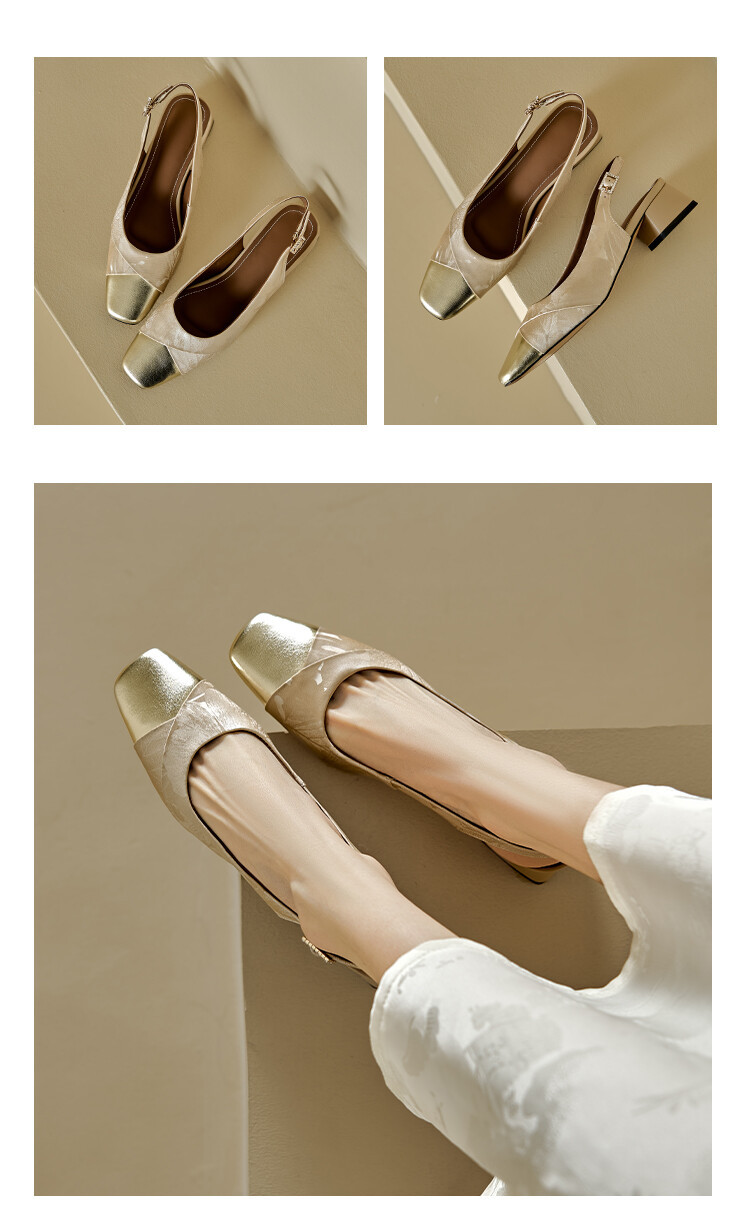 Sandal bít mũi nữ da bò phối màu gót thô 5 cm — Màu xanh lá, Màu mơ chi tiết 11
