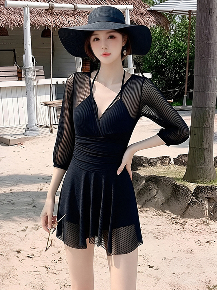 Traje de baño para mujer 2025 verano Internet celebridad nuevo estilo de falda de una sola pieza que cubre la carne y adelgaza con encaje de manga larga traje de baño de vacaciones push-up de pecho pequeño