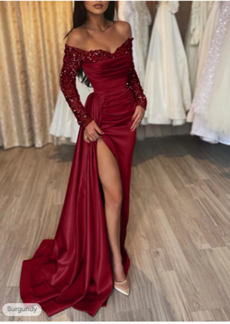 Abito lungo elegante da donna con paillettes scollo a v e spacco_voghion.com
