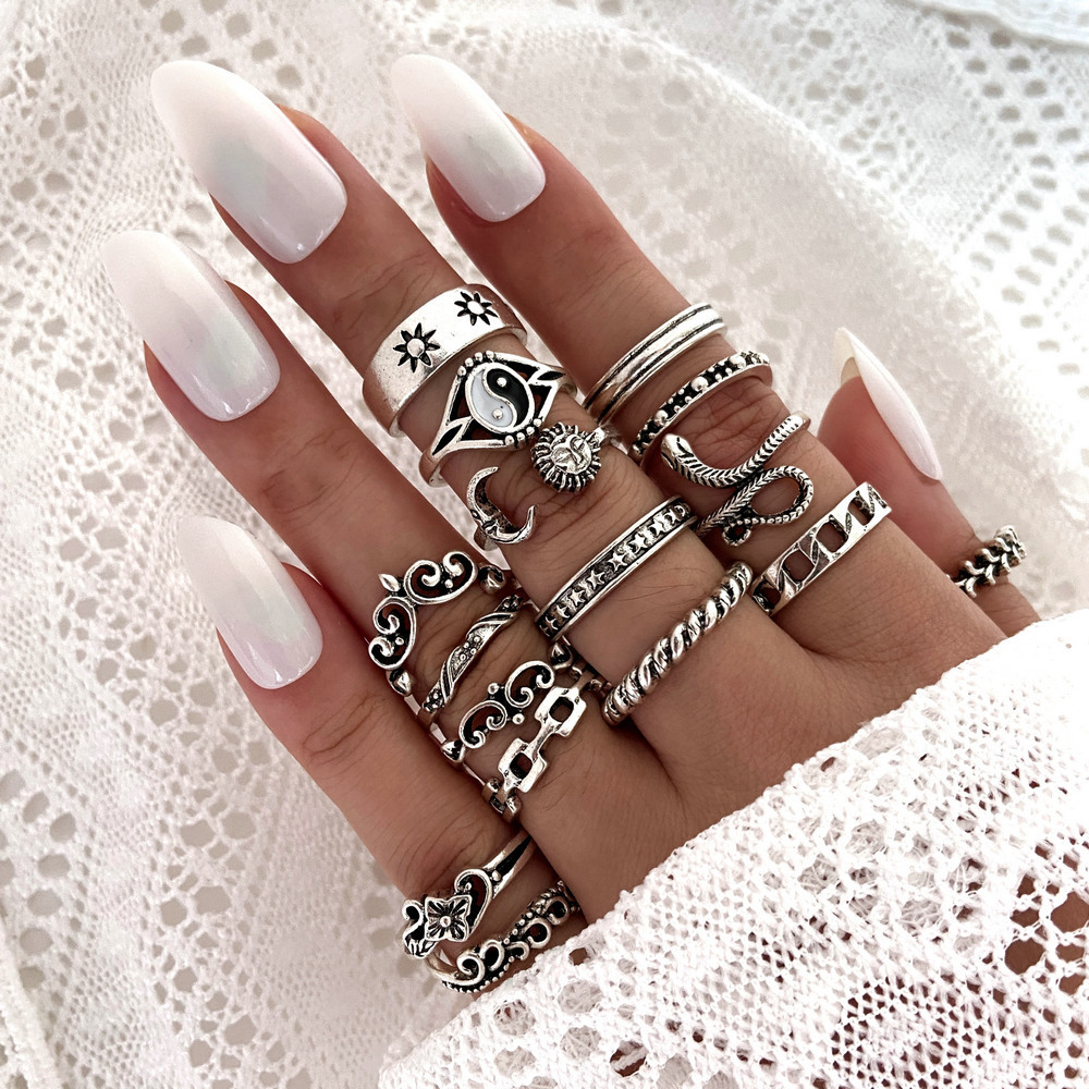Cool Style Solid Color Alloy Plating Rings 16 Pieces