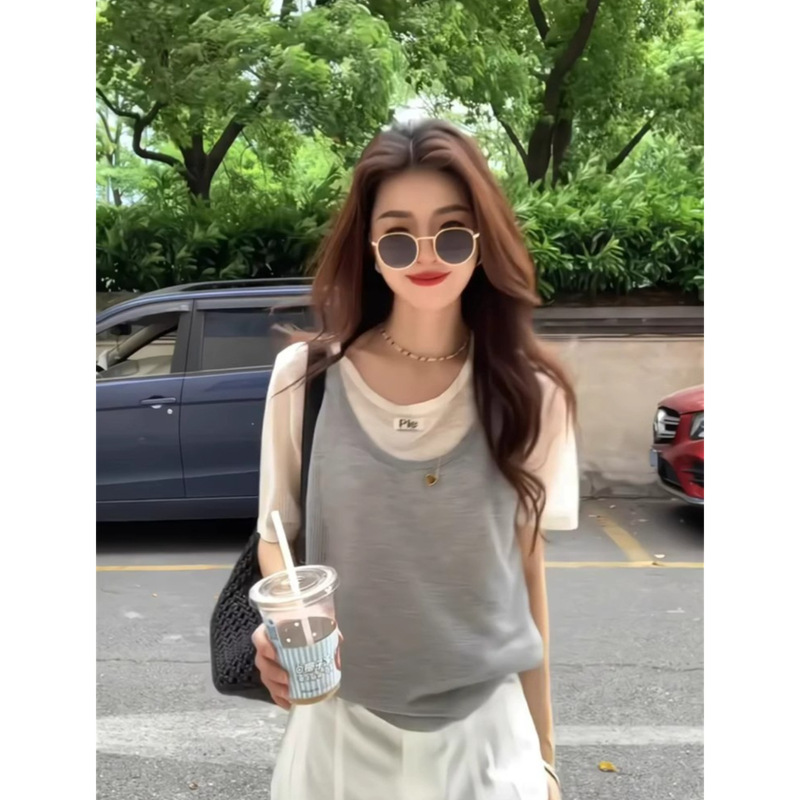 Korean Chic Chic Design Knitted Ice Silk Short-Sleeved T-Shirt for Women in Summer Unique and Super Nice Two-Piece Top
